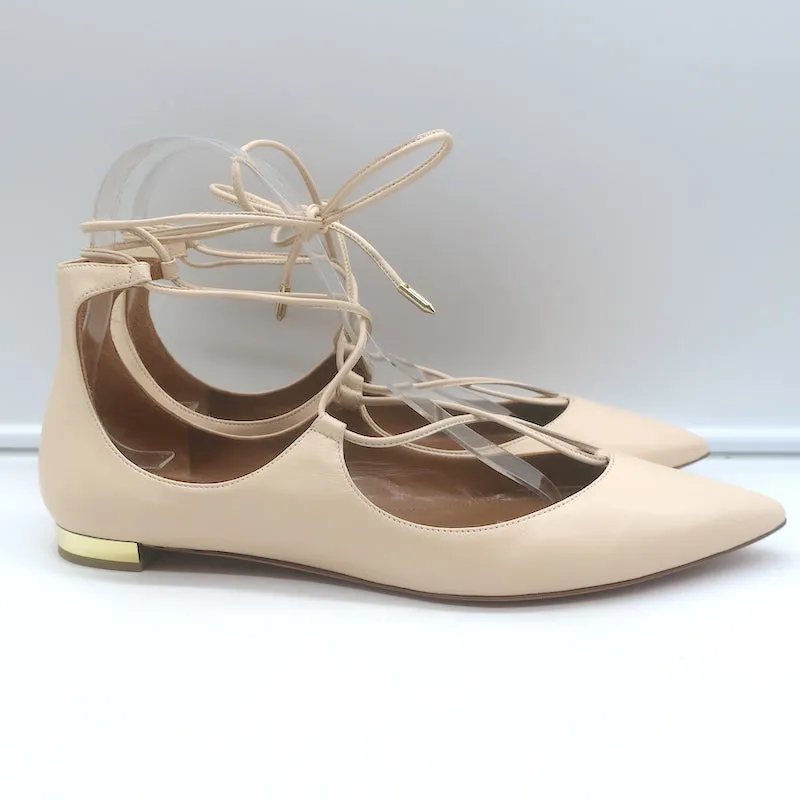 Aquazzura Christy Lace-Up Ballet Flats Ivory Leather Size 39.5 NEW
