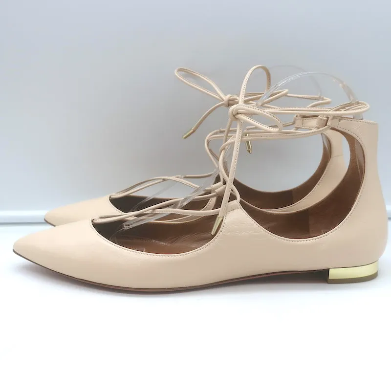 Aquazzura Christy Lace-Up Ballet Flats Ivory Leather Size 39.5 NEW