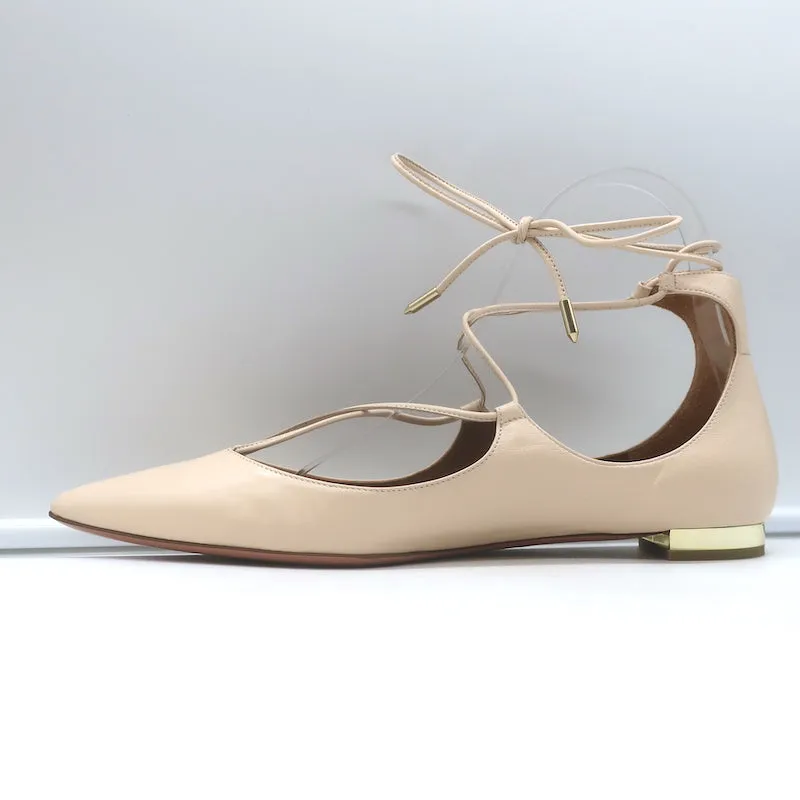 Aquazzura Christy Lace-Up Ballet Flats Ivory Leather Size 39.5 NEW