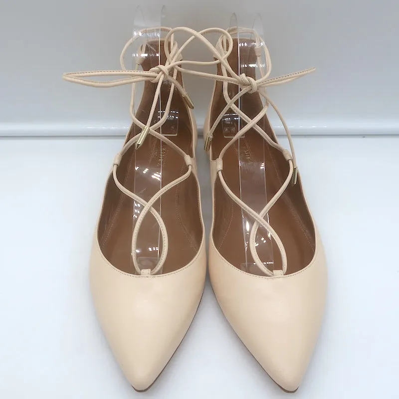 Aquazzura Christy Lace-Up Ballet Flats Ivory Leather Size 39.5 NEW