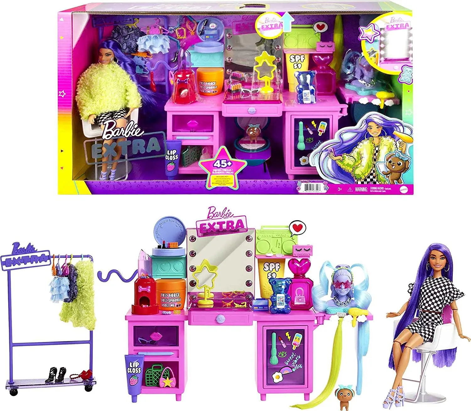 Barbie Toys Barbie Extra Doll & Vanity Playset with Exclusive Doll, Pet Puppy & 45  Pieces Including Vanity, Rolling Clothing Rack, Light-Up Mirror, Clothes & Accessories