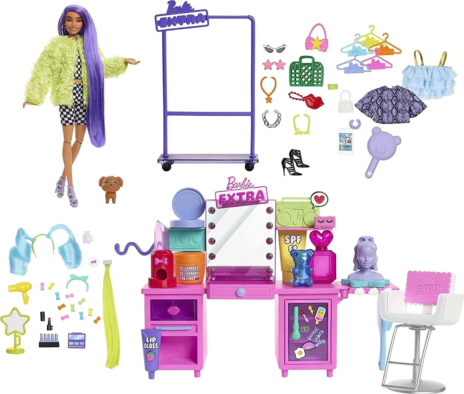 Barbie Toys Barbie Extra Doll & Vanity Playset with Exclusive Doll, Pet Puppy & 45  Pieces Including Vanity, Rolling Clothing Rack, Light-Up Mirror, Clothes & Accessories