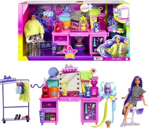 Barbie Toys Barbie Extra Doll & Vanity Playset with Exclusive Doll, Pet Puppy & 45  Pieces Including Vanity, Rolling Clothing Rack, Light-Up Mirror, Clothes & Accessories