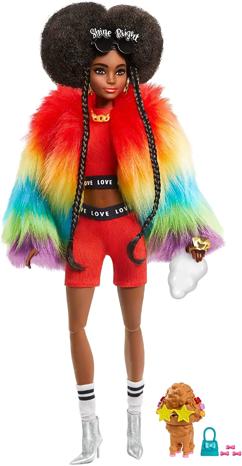 Barbie Toys Barbie Extra Doll in Rainbow Coat with Pet Dog Toy