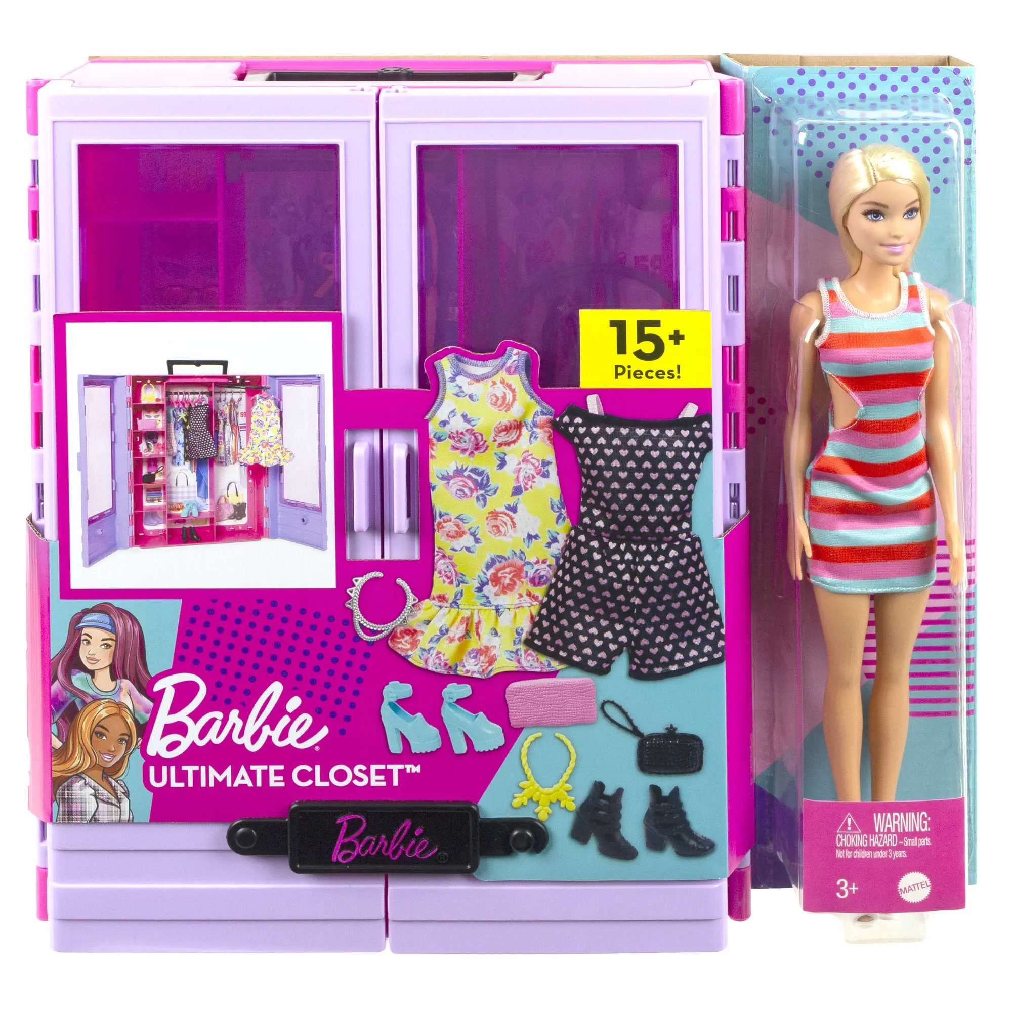 Barbie Toys Barbie Fashionistas Ultimate Closet and Doll Playset with 3 Outfits, 6 Hangers, and 15 Accessories (HJL66)