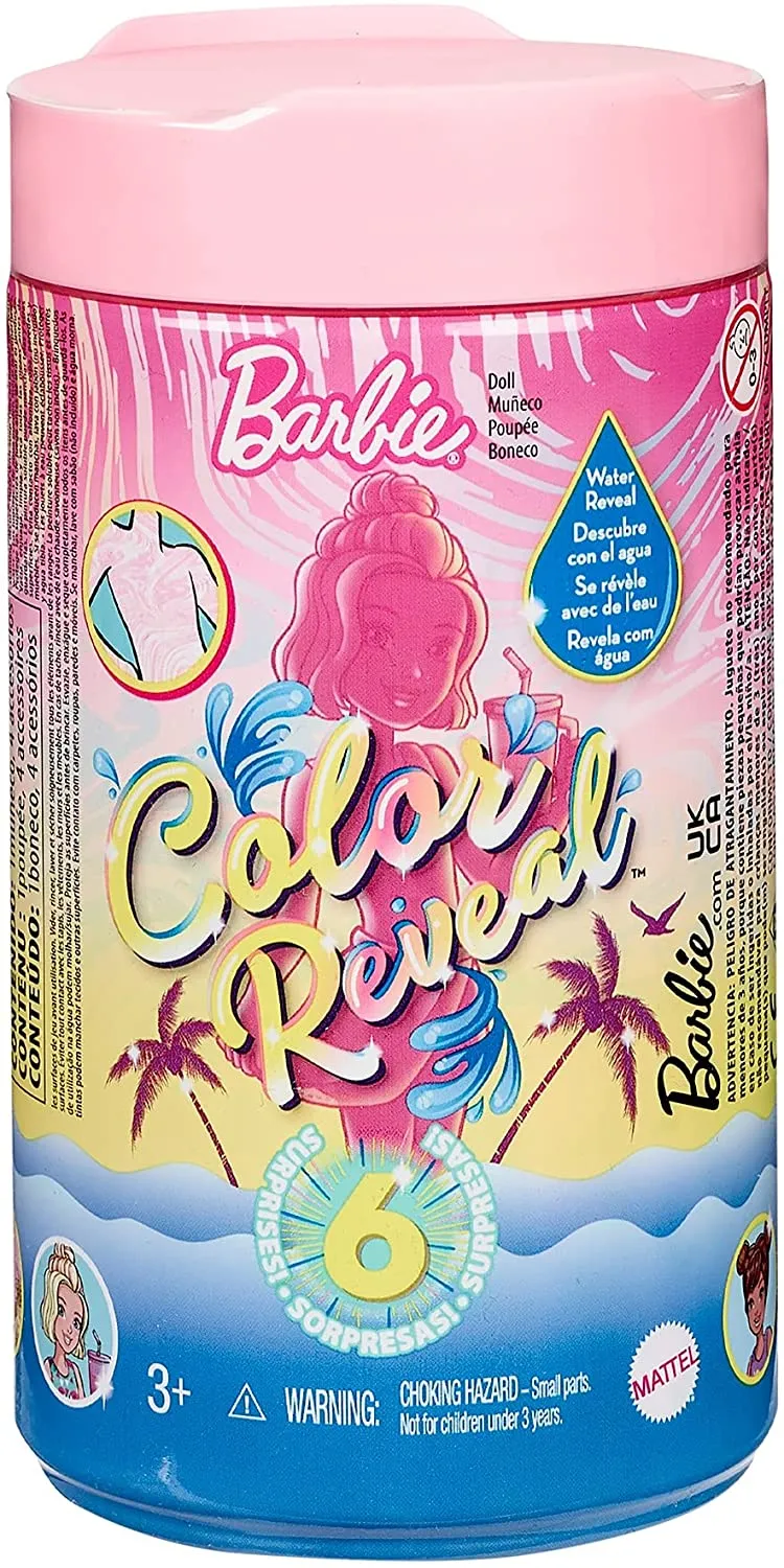 Barbie Toys Barbie GTT25 Chelsea Color Reveal Doll with 6 Surprises: 4 Bags with Cover-Up, Shoes, Towel & Accessory, Multicolor, 15.88 cm*8.4 cm*8.4 cm