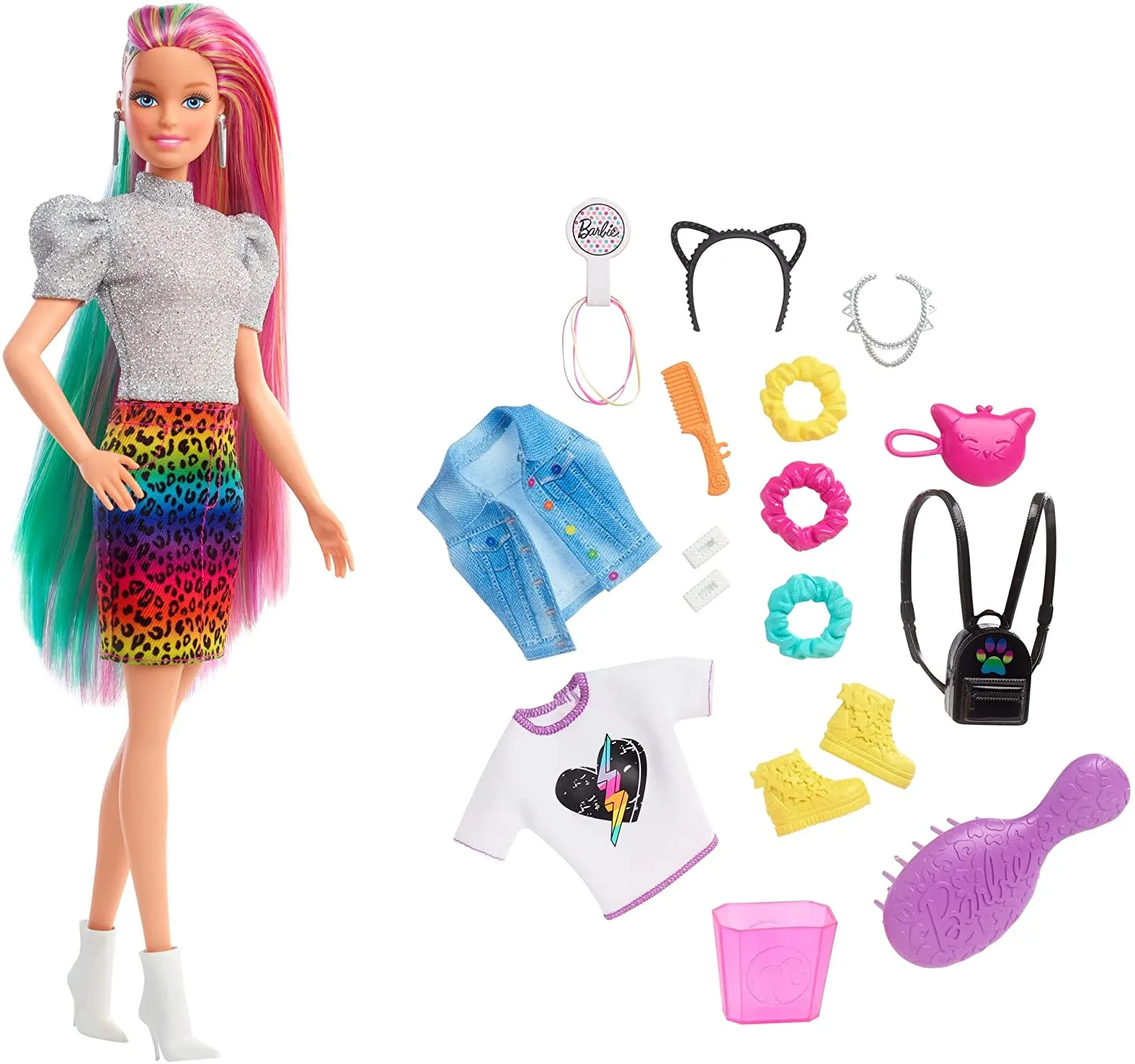 Barbie Toys Barbie Leopard Rainbow Hair Doll (Blonde) with Color-change Hair Feature, 16 Hair & Fashion Play Accessories Including Scrunchies, Brush, Fashion Tops, Cat Ears, Cat Purse for Kids 3 to 7 Years Old