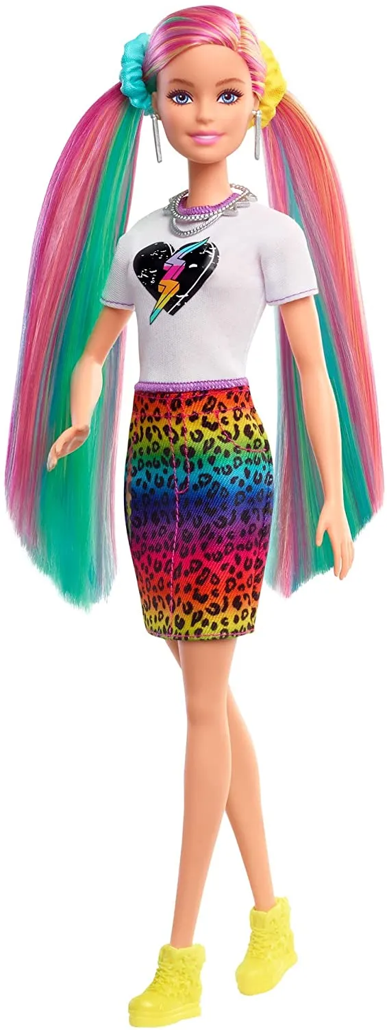 Barbie Toys Barbie Leopard Rainbow Hair Doll (Blonde) with Color-change Hair Feature, 16 Hair & Fashion Play Accessories Including Scrunchies, Brush, Fashion Tops, Cat Ears, Cat Purse for Kids 3 to 7 Years Old