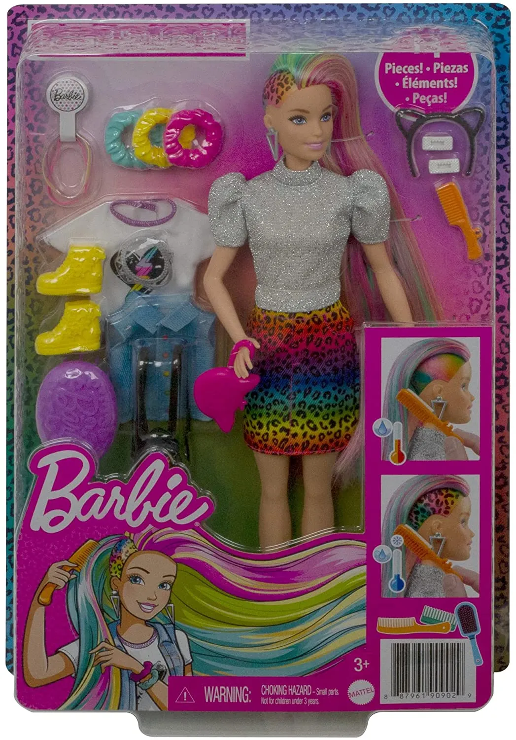 Barbie Toys Barbie Leopard Rainbow Hair Doll (Blonde) with Color-change Hair Feature, 16 Hair & Fashion Play Accessories Including Scrunchies, Brush, Fashion Tops, Cat Ears, Cat Purse for Kids 3 to 7 Years Old