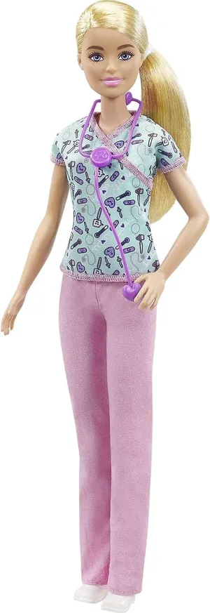 Barbie Toys Barbie Nurse Blonde Doll with Scrubs Featuring a Medical Tool Print Top & Pink Pants, White Shoes & Stethoscope, Gift for Ages 3 Years