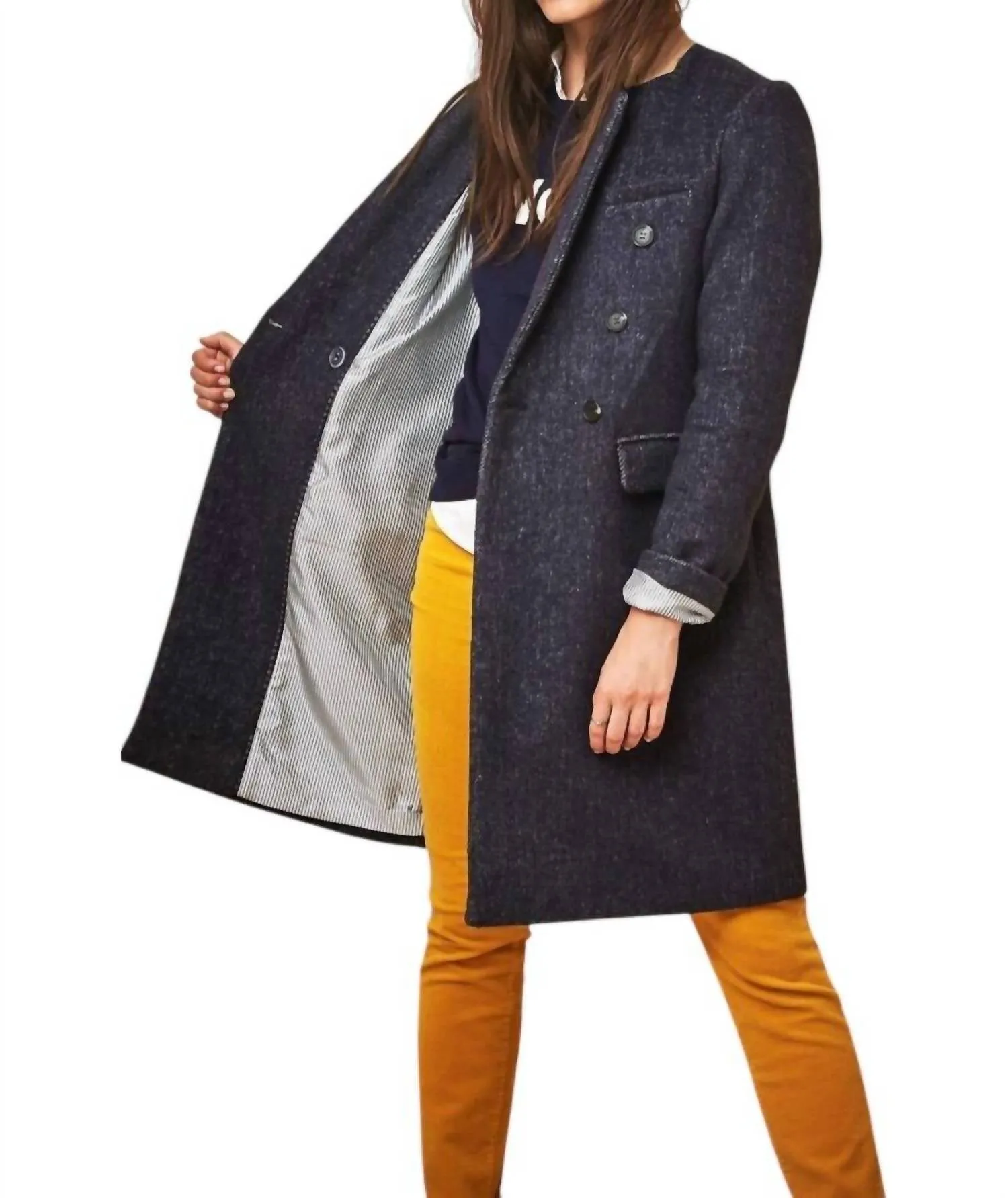 Blair Double Breasted Twill Mid Length Pea Coat In Blue