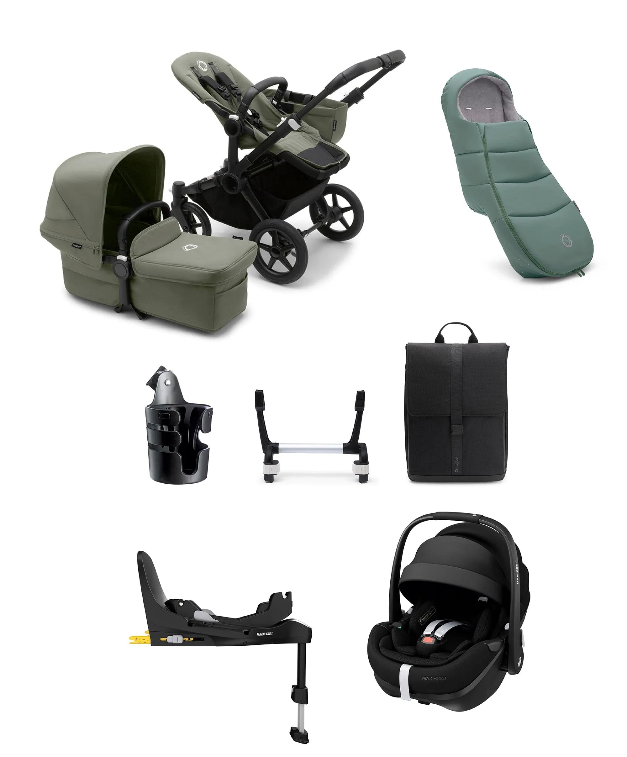 Bugaboo Donkey 5 Mono Complete Pushchair Ultimate Bundle with Maxi-Cosi Pebble 360 Pro² Car Seat & Base - Forest Green