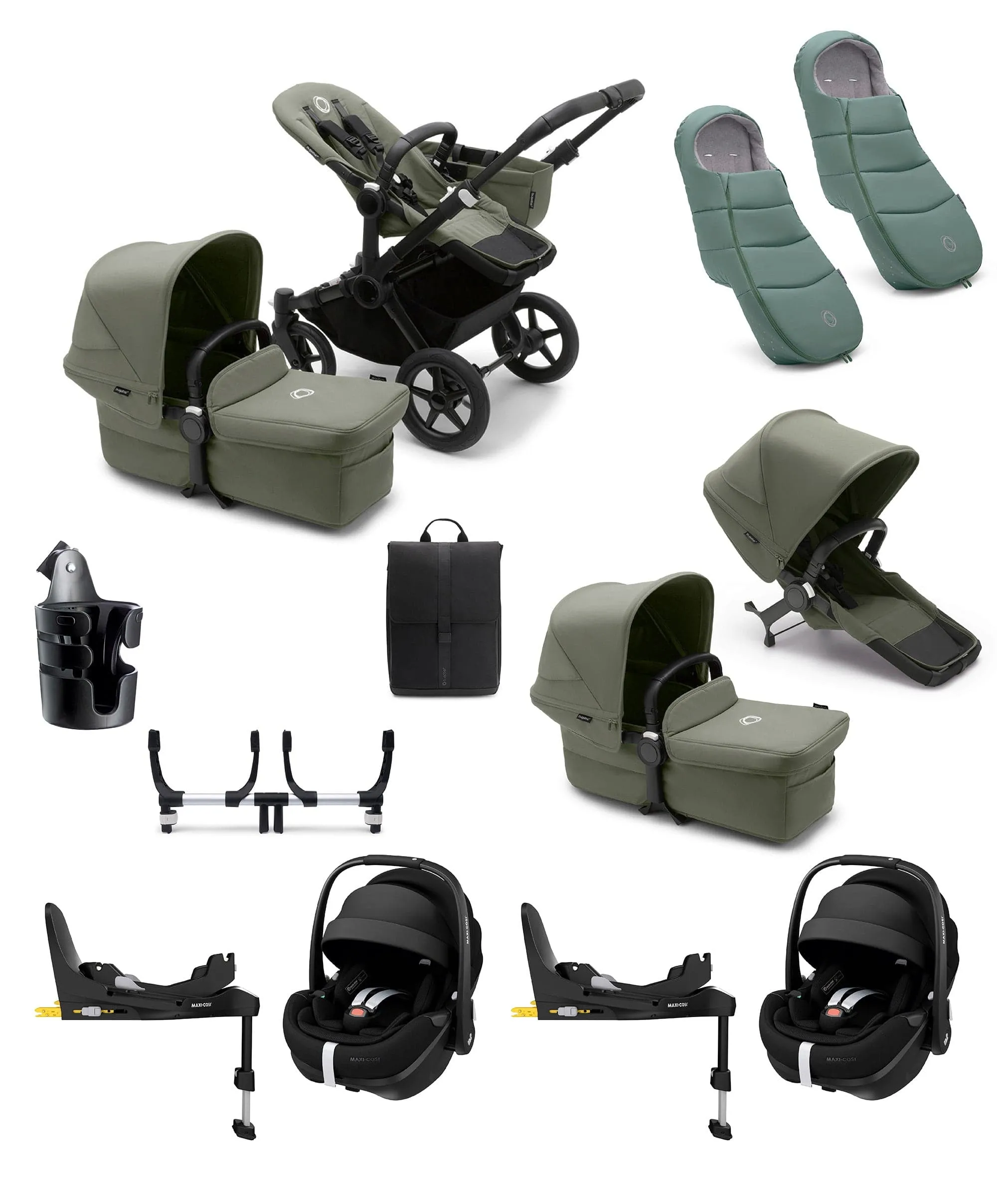 Bugaboo Donkey 5 Twin Pushchair Bundle with Maxi-Cosi Pebble 360 Pro² Car Seat & Base - Forest Green