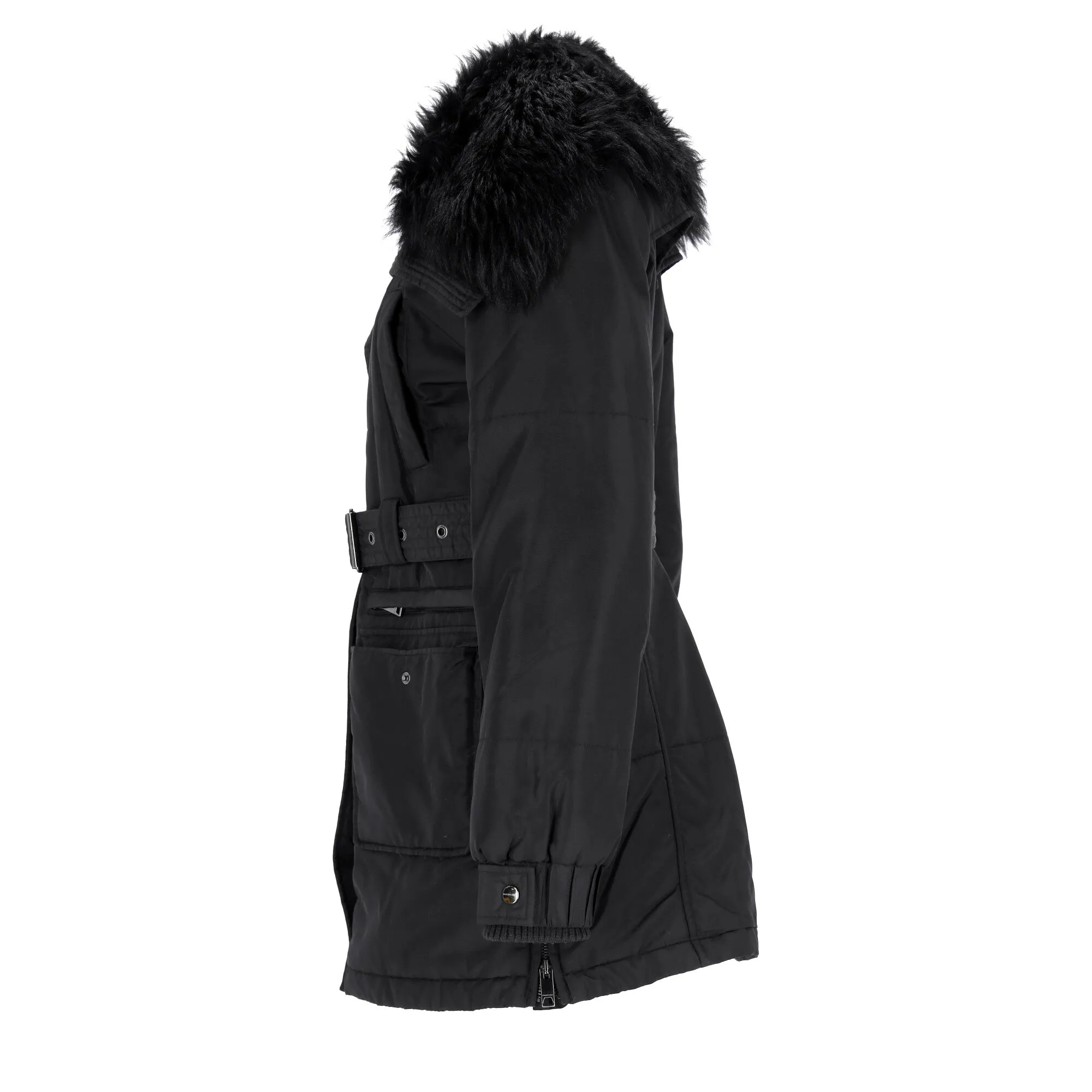 Burberry London Fur Trim Belted Trench Coat in Black Polyamide