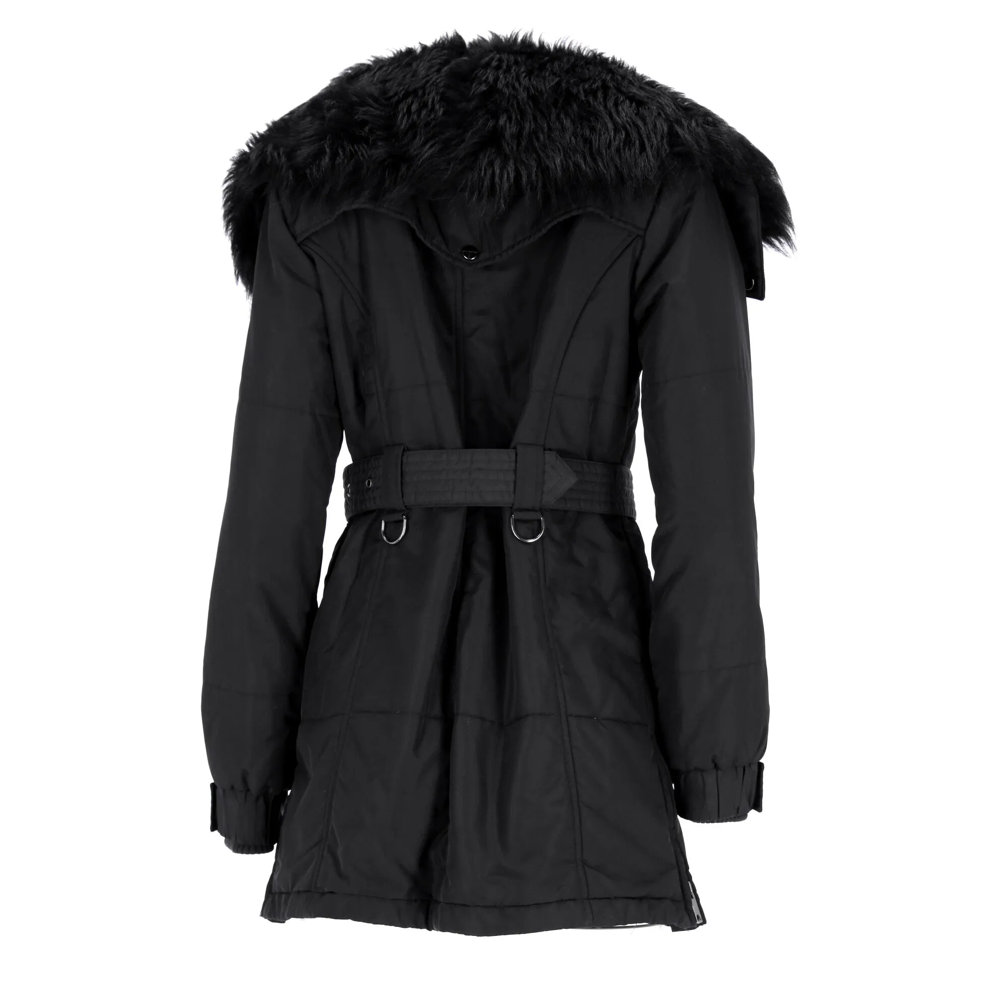 Burberry London Fur Trim Belted Trench Coat in Black Polyamide