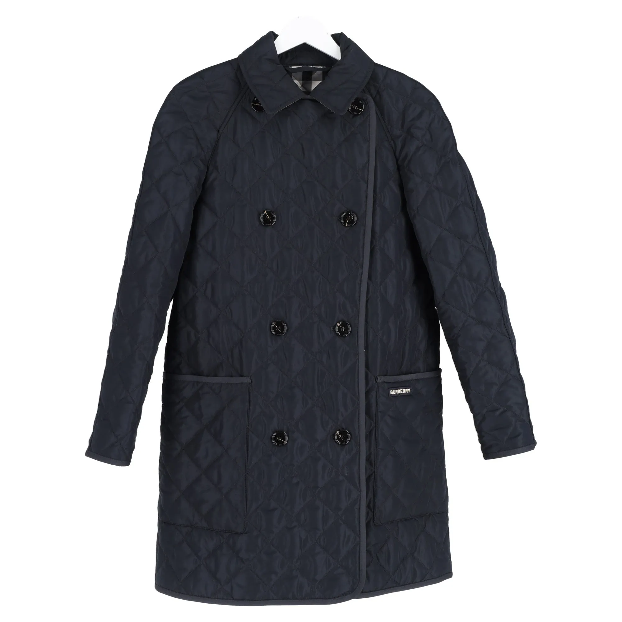 Burberry Quilted Double-Breasted Down Coat in Navy Blue Polyester