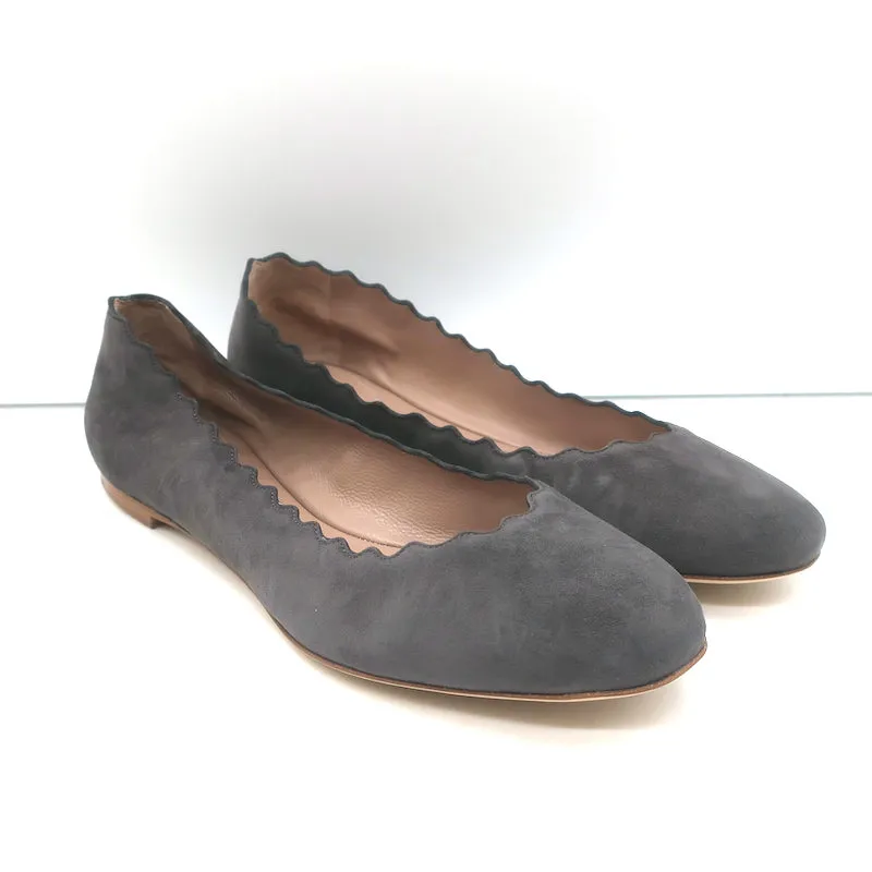 Chloe Lauren Scalloped Ballet Flats Dark Gray Suede Size 36.5 NEW