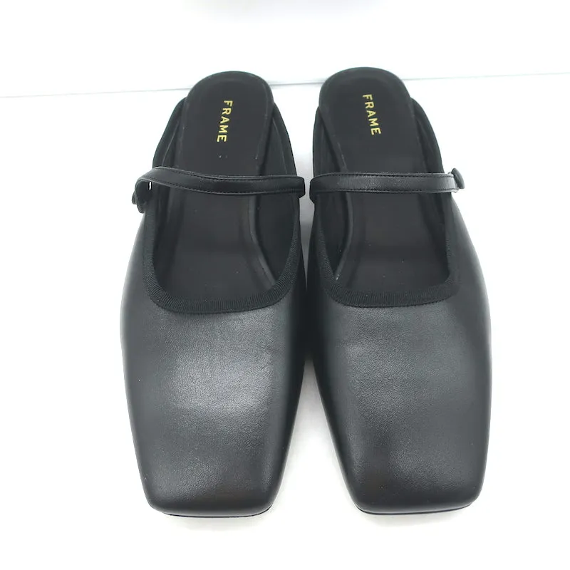 FRAME Le Em Flat Mary Jane Mules Black Leather Size 38 NEW
