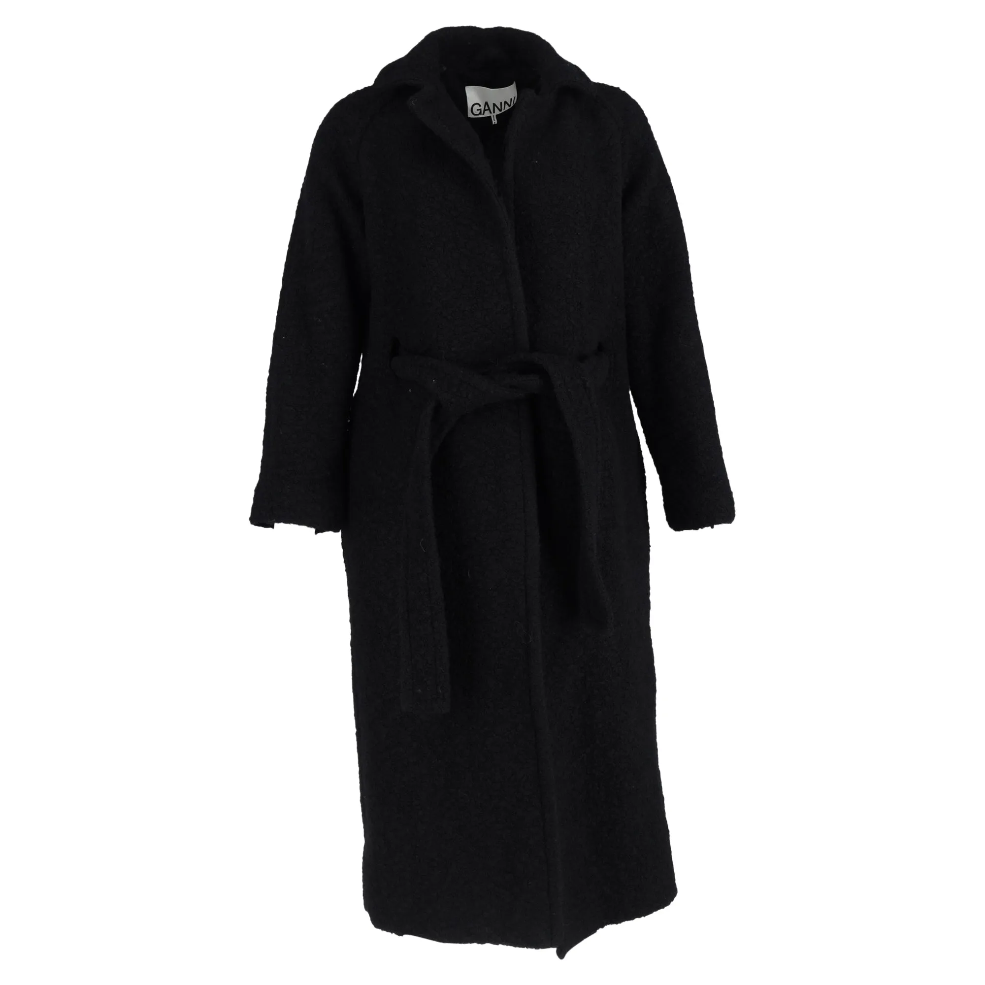 Ganni Long Boucle Coat in Black Wool