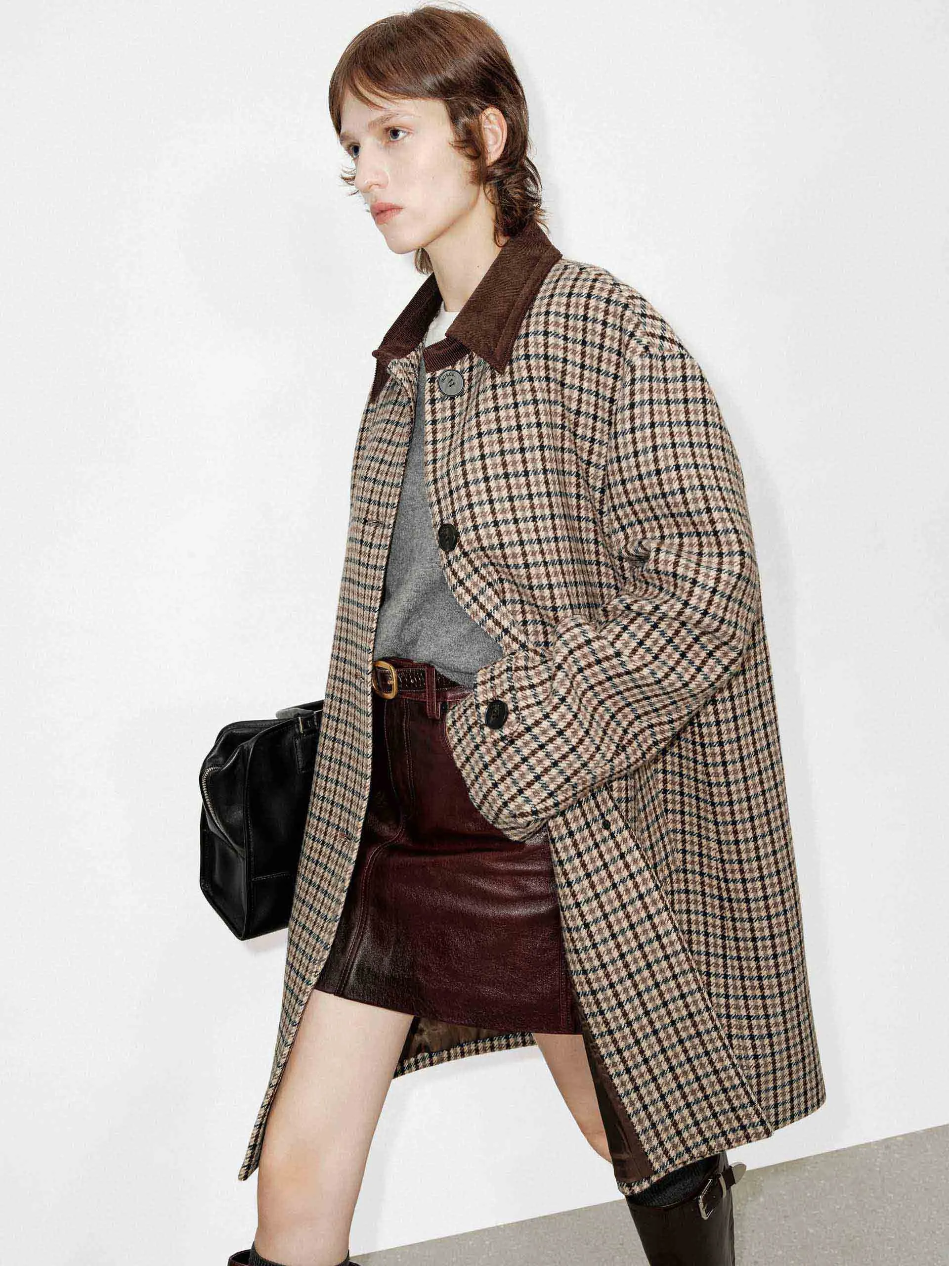 Houndstooth Wool Midi Coat
