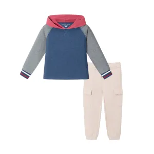 Kids Hooded Colorblocked Jersey Tee & Jogger Set | Red Navy & Heather Grey Babykids_Andy-Evan