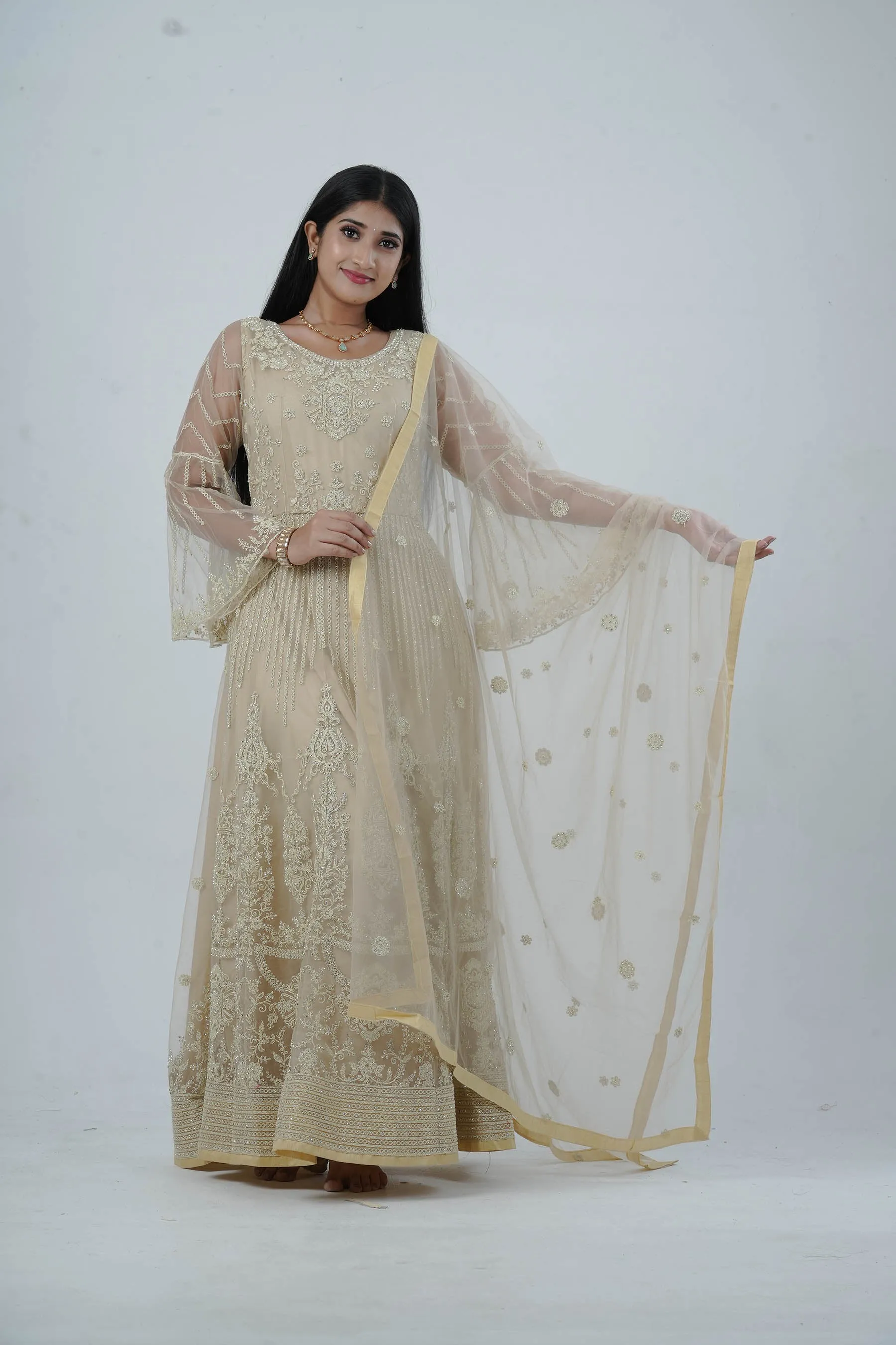 KURTI Embroidered & Stonework Long Gown with Santoon Lining