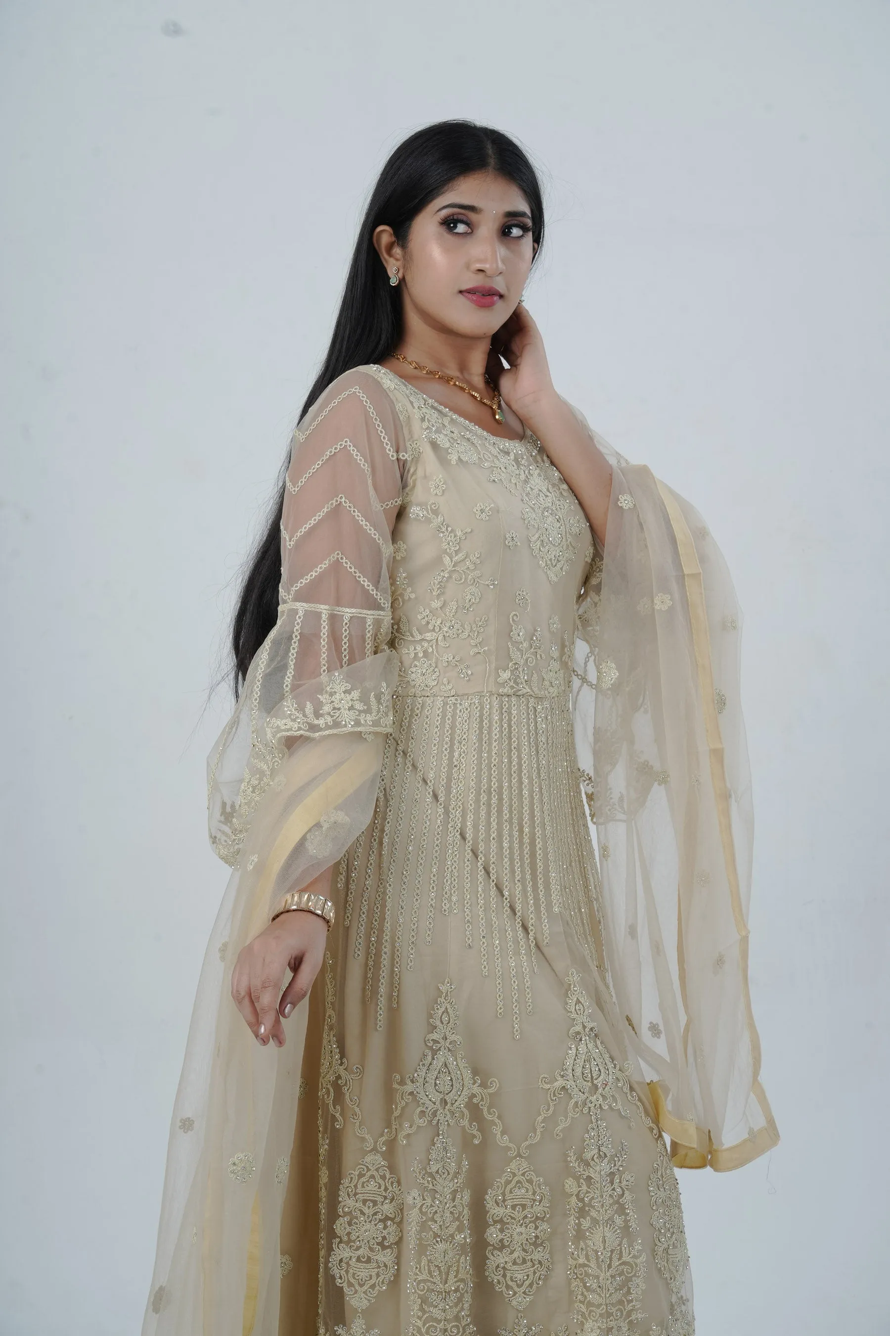 KURTI Embroidered & Stonework Long Gown with Santoon Lining