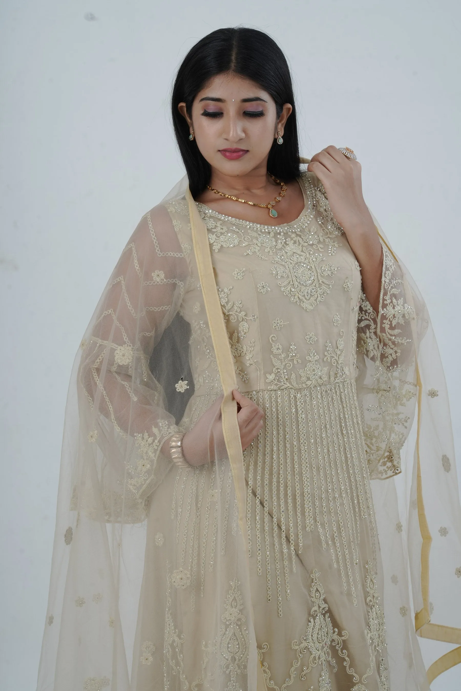 KURTI Embroidered & Stonework Long Gown with Santoon Lining