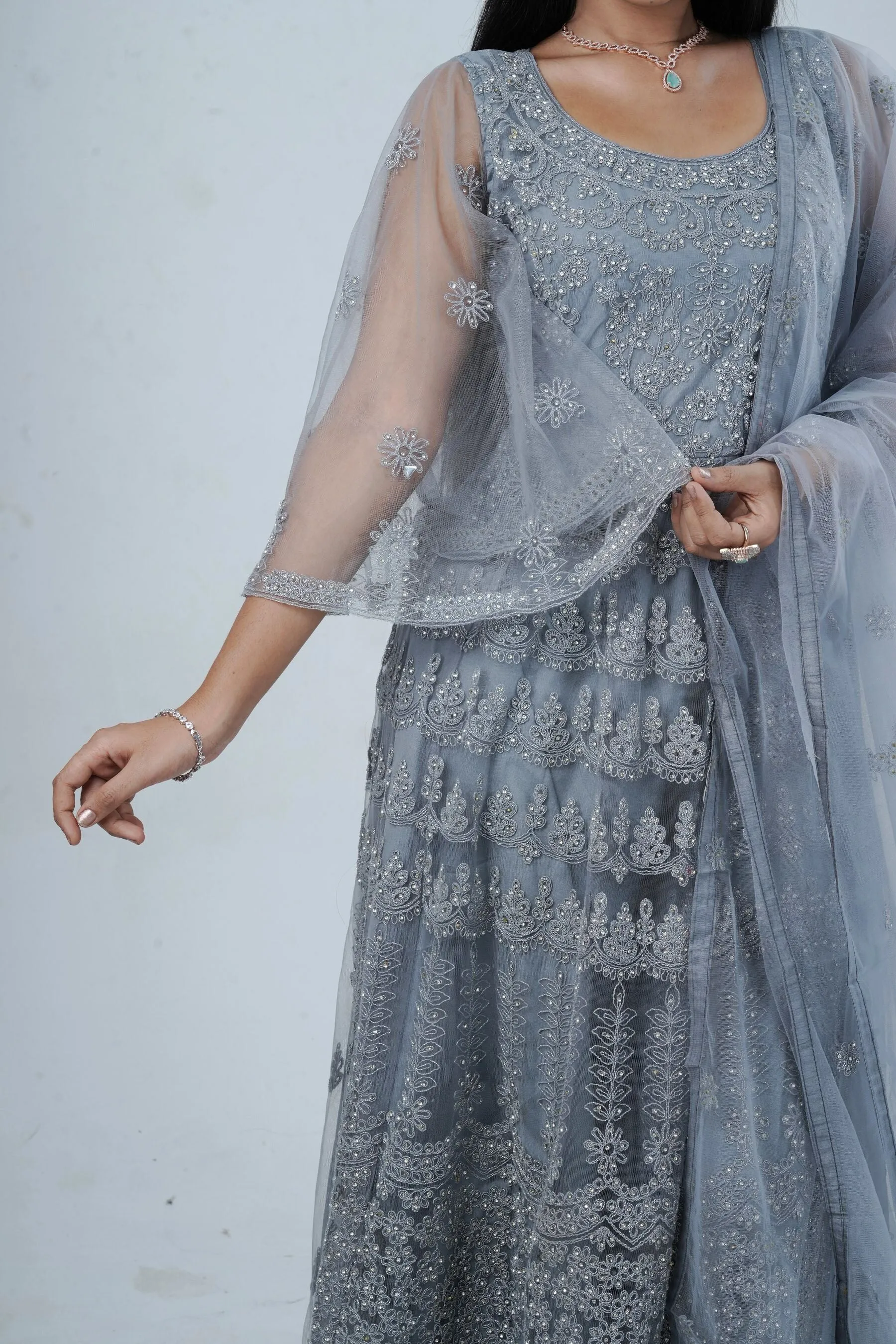 Luxurious Embroidered Long Gown with Stone Work