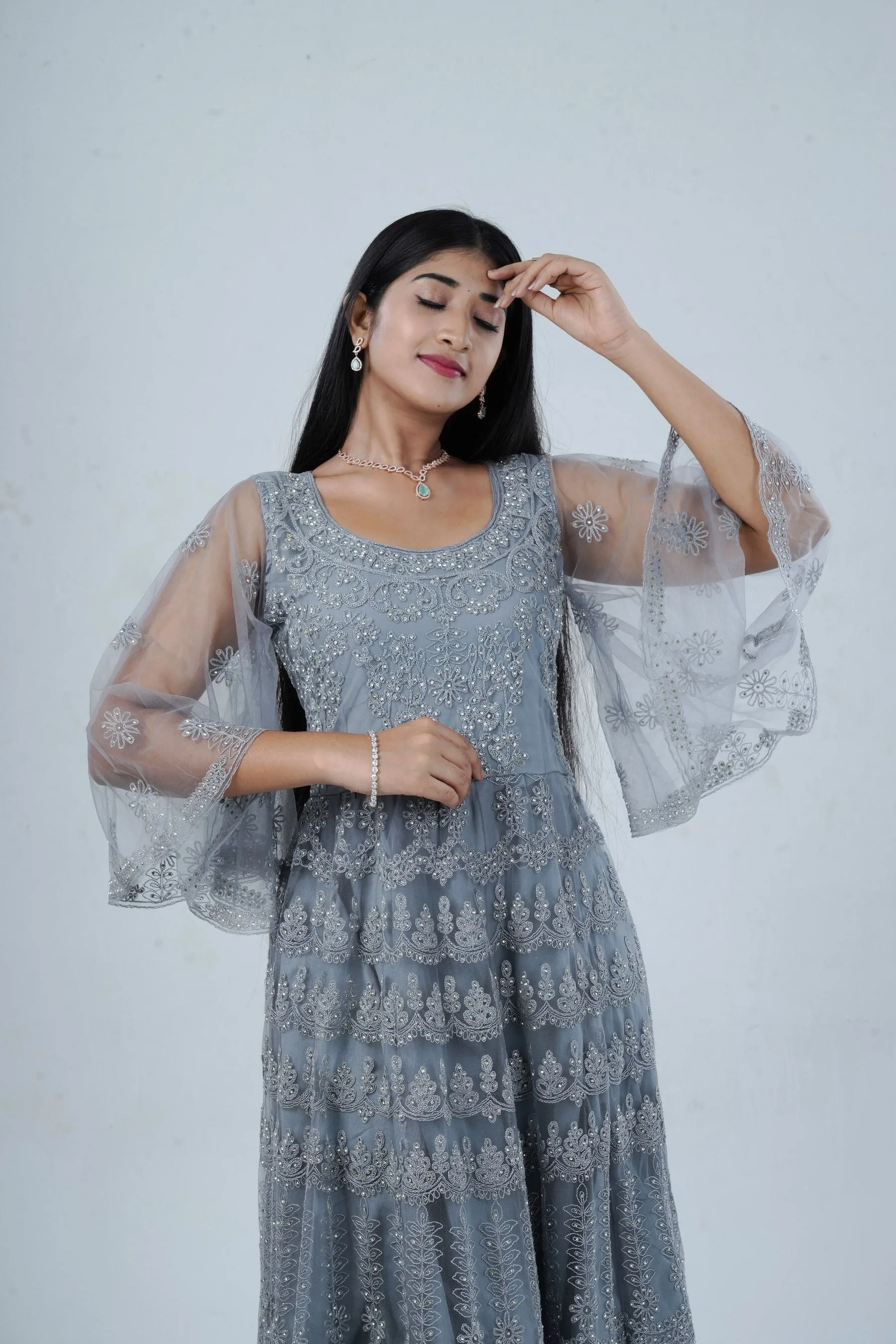 Luxurious Embroidered Long Gown with Stone Work