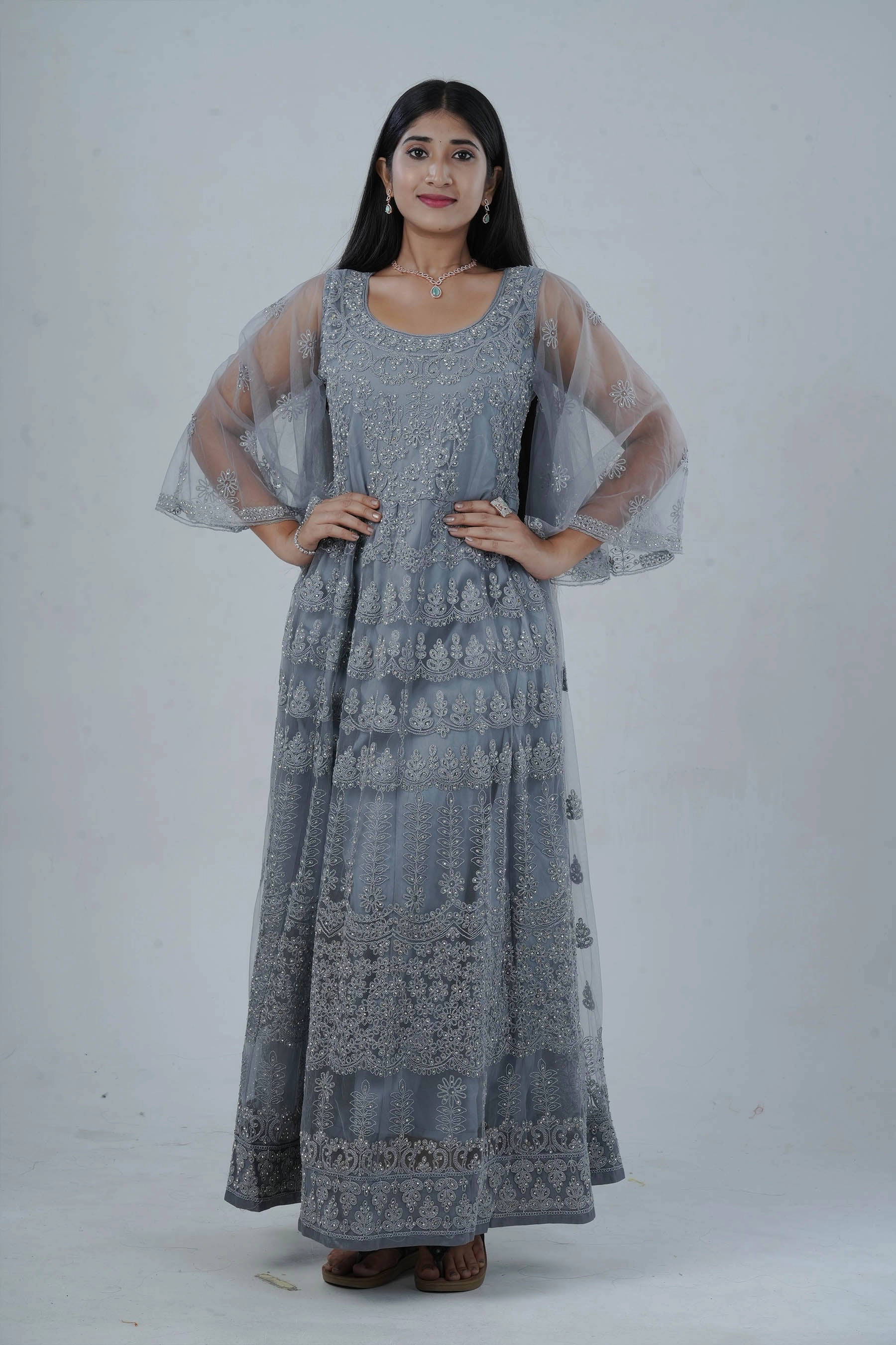 Luxurious Embroidered Long Gown with Stone Work