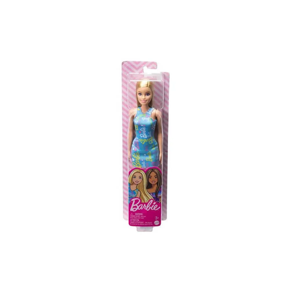 Mattel Toys Barbie Doll Wearing Blue Barbie Print Dress