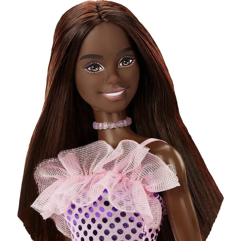 Mattel Toys Barbie Mini Glitz Doll Dress Dark Brown Hair With Purple Metallic Dress