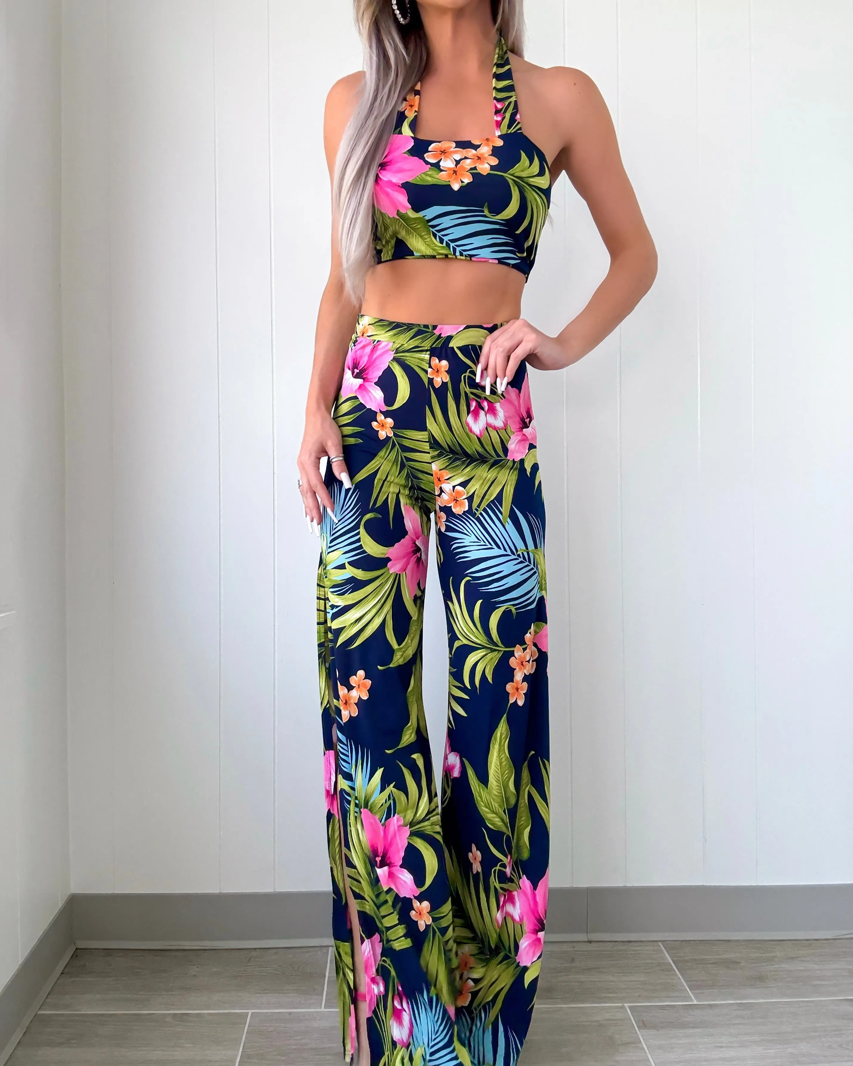 Palm Parade Floral Pants Set - Navy