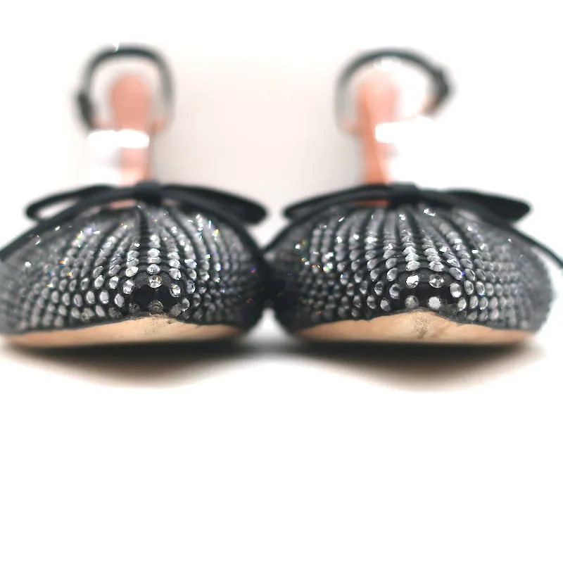 Rochas Rhinestone-Embellished Ankle Strap Bow Flats Black Satin Size 38.5
