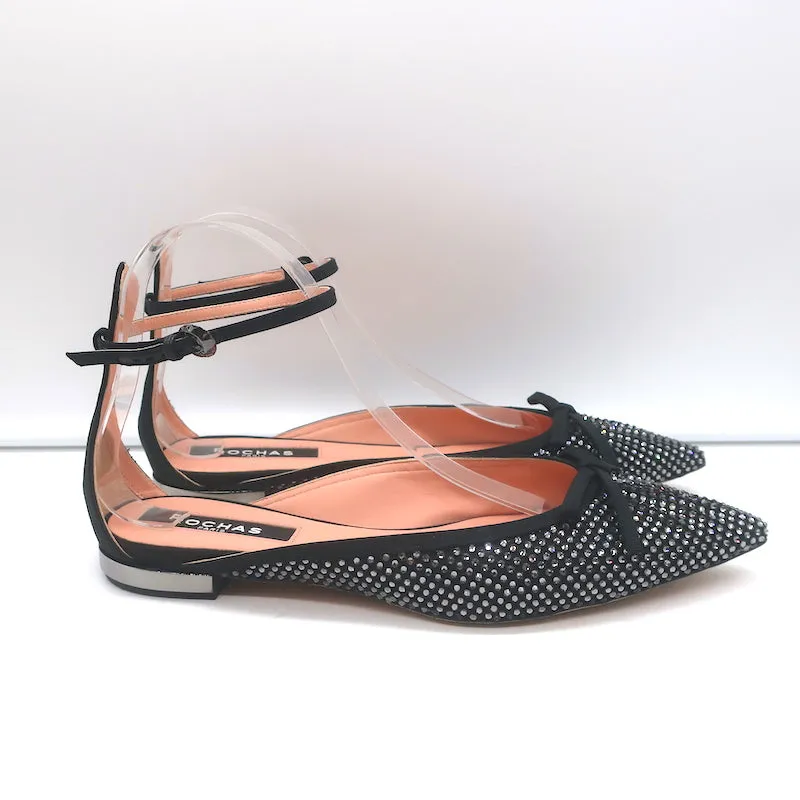 Rochas Rhinestone-Embellished Ankle Strap Bow Flats Black Satin Size 38.5