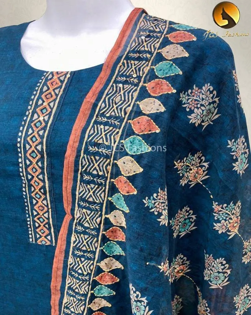 Soft Chanderi 3-Piece Set with Heavy Handcrafted Kantha Work Dupatta