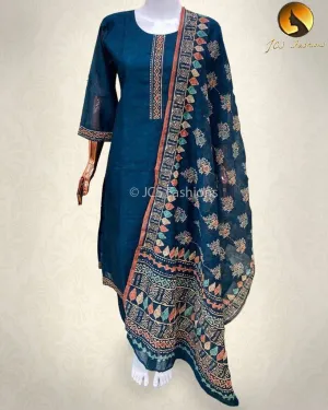 Soft Chanderi 3-Piece Set with Heavy Handcrafted Kantha Work Dupatta