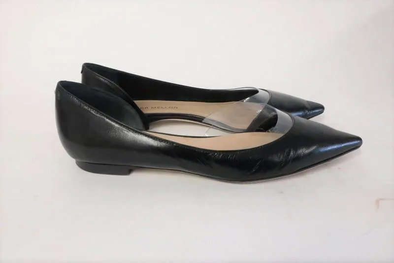 Tamara Mellon Darling Flat Black Leather & PVC Size US 7.5 d'Orsay Pointed Toe