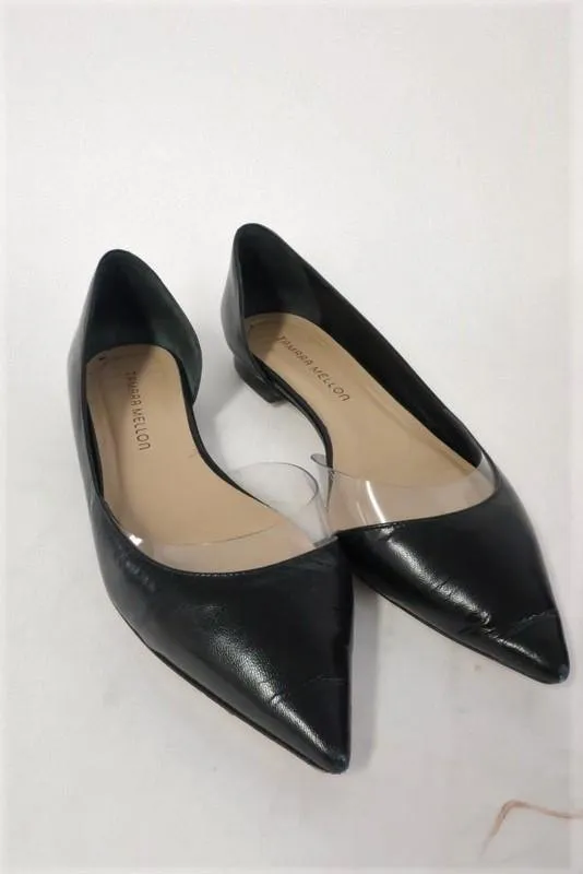 Tamara Mellon Darling Flat Black Leather & PVC Size US 7.5 d'Orsay Pointed Toe