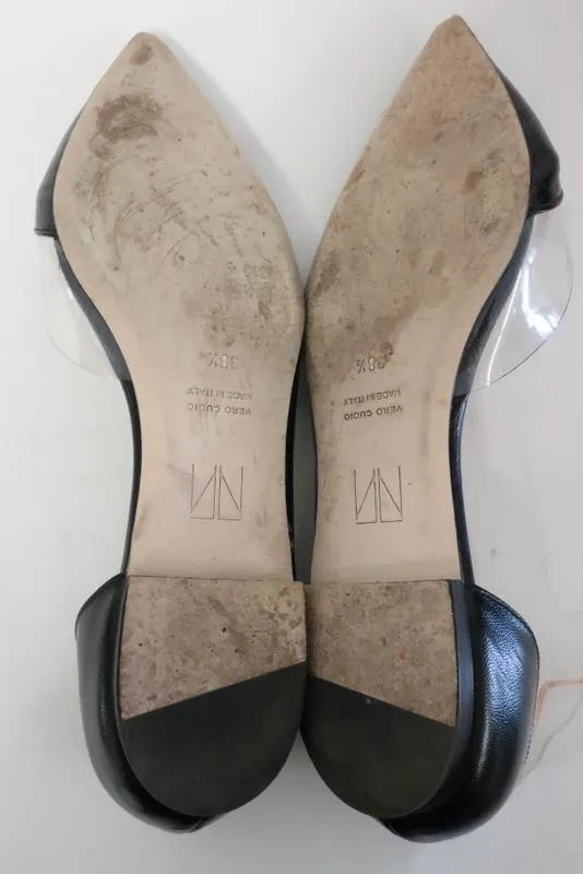 Tamara Mellon Darling Flat Black Leather & PVC Size US 7.5 d'Orsay Pointed Toe