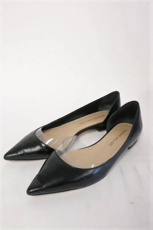 Tamara Mellon Darling Flat Black Leather & PVC Size US 7.5 d'Orsay Pointed Toe