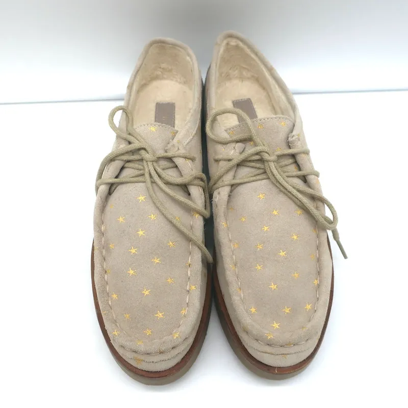 THE GREAT Scout Lace-Up Shoes Taupe Star Print Shearling-Lined Suede Size 8