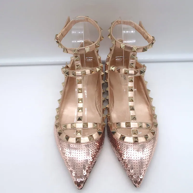 Valentino Sequin Rockstud Caged Ballet Flats Metallic Rose Gold Size 39 NEW