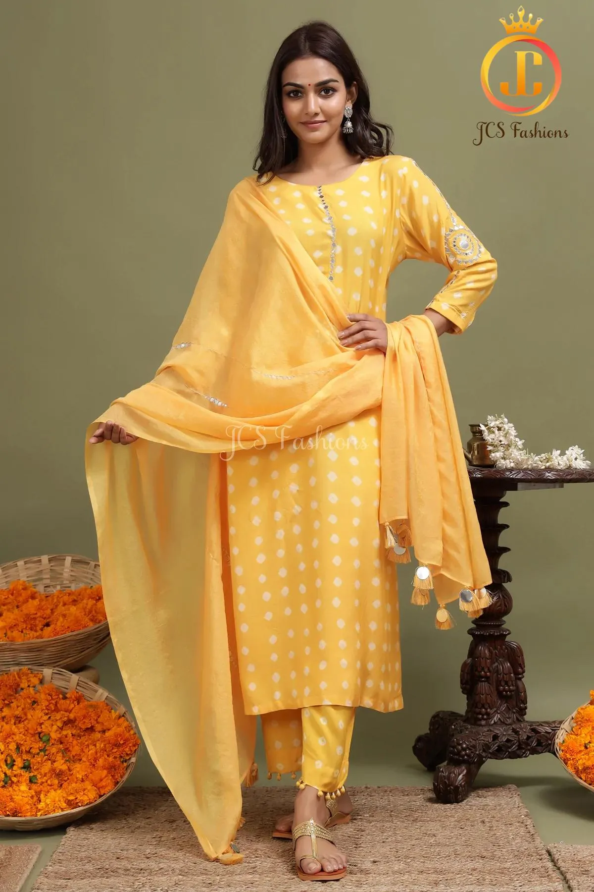 Yellow Bandhini Straight Kurti With Potli Pants and matching Stole