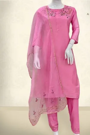 Zardosi-Pearl Art Silk Festive Suit & Embellished Organza Dupatta Set