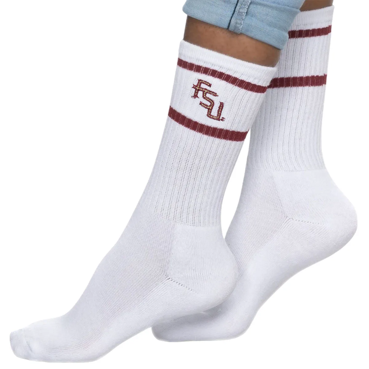 ZooZatz Women's Stacked FSU Stripe Crew Sock - White ZooZatz Clothing Women
